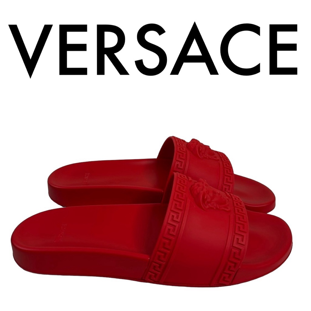 Versace Excellent Red Medusa Palazzo Slides Sandals Size 11 / 44 Made In Italy